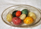 Lot of Collectible Alabaster, Onyx & Other Hardstone Eggs in Pressed Glass Dish