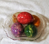 Lot of Collectible Alabaster, Onyx & Other Hardstone Eggs in Pressed Glass Dish