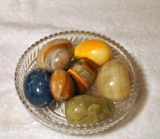 Lot of Collectible Alabaster, Onyx, Lapis & Other Hardstone Eggs in Pressed Glass Dish