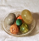 Lot of Collectible Alabaster, Onyx & Other Hardstone Eggs in Pressed Glass Dish