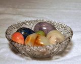 Lot of Collectible Alabaster, Onyx & Other Hardstone Eggs in Pressed Glass Dish