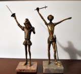 Pair of Vintage Brass Don Quixote Figurines on Marble Plinths