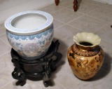 Lot of Two Ceramic Items: Jardiniere w/ Wooden Stand &  Vase