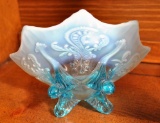 Vintage Northwood Blue Opalescent Footed Candy Dish