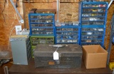 Lot of Misc Hardware Items & Storage Bins, Tool Box As Shown