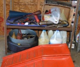 Lot of Motor Oil Utility Items: Ramps, Funnels, Wrenches, Containers, Grease Gun, Etc.