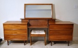 Fine Walnut Mid-Century Modern Dresser w/ Mirror & Oak Vanity Seat by Cousins of Kansas City