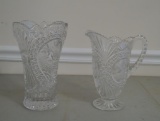 Lot of Two Pressed Glass Bird Motif Items: Pitcher and Vase