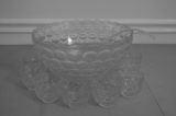 Pressed Glass Punch Bowl w/ 12 Cups, Plastic Ladle