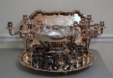 Vintage Silver Plate Punch Bowl, Undertray, Ladle, 14 Cups, Pair of 5 Light Candelabra, Silver Tray