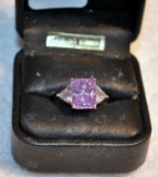 Ladies Sterling Silver Size 8 Ring w/ Large Pink Ice CZ Central Stone and Colorless CZs on Sides