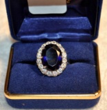 Ladies Sterling Silver Size 8.25 Ring with Large Blue Glass Stone & Small Rhinestones