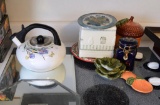 Lot of Kitchen Items, Decorative Hot Water Kettle, Ceramic Decor Items, Suncatcher