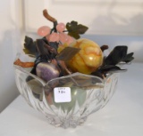 Lot of Carved Alabaster, Onyx and Hardstone Fruit in Pressed Glass Bowl