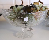 Lot of Carved Alabaster, Onyx and Hardstone Fruit in Pressed Glass Bowl