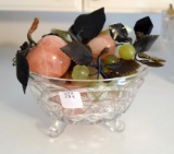 Lot of Carved Alabaster, Onyx and Hardstone Fruit in Pressed Glass Bowl