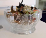 Lot of Carved Alabaster, Onyx and Hardstone Fruit in Pressed Glass Bowl