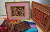 Lot of Vintage Textile Arts: Panama Molas & Colorful Woolen Throws, Largest Mola is 12 x 16 inches S
