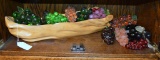 Lot of Glass Grape Bunches in 21 Inch L Carved Wooden Bowl