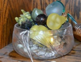 Lot of Alabaster, Hardstone & Glass Fruit in Pressed & Cut Glass Bowl