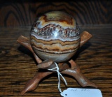Large Polished Onyx Sphere (3 Inches Diam.) in Carved Wood Stand