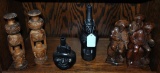 Lot of Andean Carved Wood Figurines, Candle Holders & Black Glass Bottles Collectibles