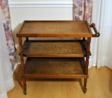 Vintage Andean Hardwood Rolling Tea Cart with Carved Andean Scenes, Removable Center Tray
