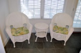 Hampton Bay White Plastic Wicker Furniture: Two Chairs and End Table