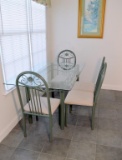 Glass Top Green Enameled Metal Dining Table and 4 Matching Chairs w/ Upholstered Seats
