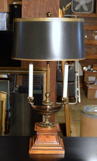 Fine Stiffel Brass & Burl Wood Table Lamp, Central Bulb & Two Small Side Accent Bulbs