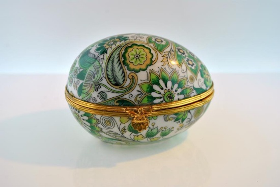 Limoges France Green Paisley Egg Trinket Box