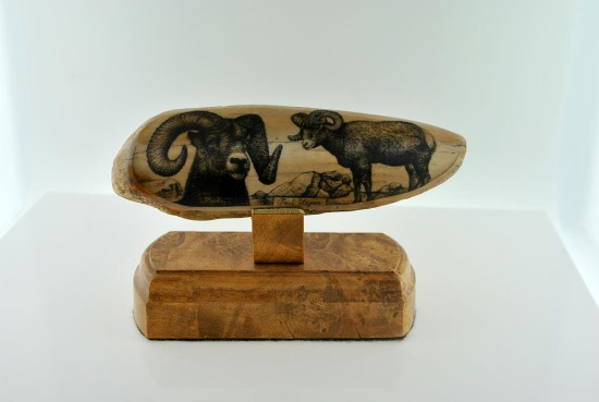 Alaskan Eskimo Art Scrimshaw Decorated Fossilized Walrus Ivory w/ Stand