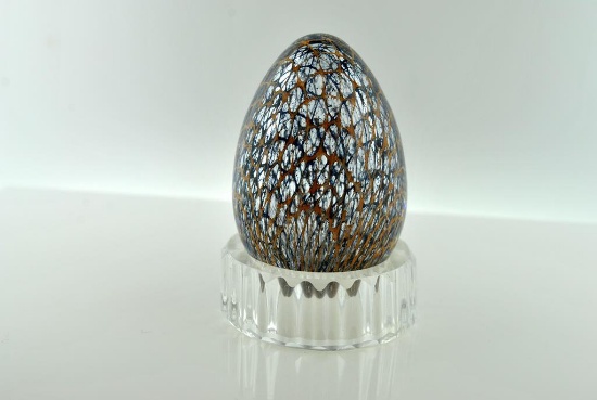 Art Glass Egg Paperweight w/ Crystal Stand Signed by Shawn E. Messenger, 2001