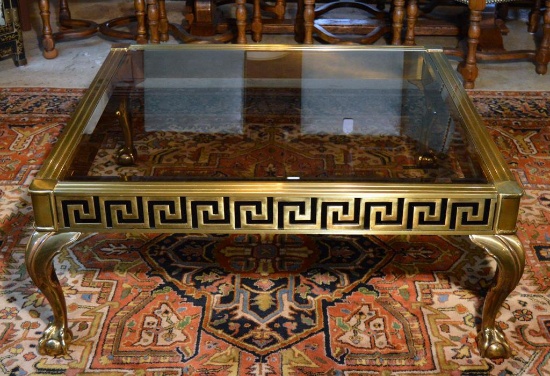 Greek Key, Ball & Claw Feet Brass Base Beveled Glass Top Cocktail Table