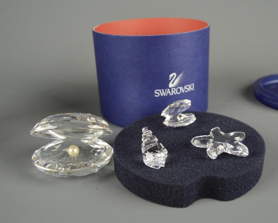 Set of Swarovski Crystal Sea Figurines (Oyster w/ Pearl, Starfish, Smaller Oyster, Shell) w/ Boxes
