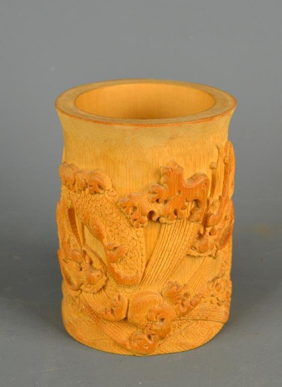 Vintage Chinese Carved Bamboo Dragon Brush Pot