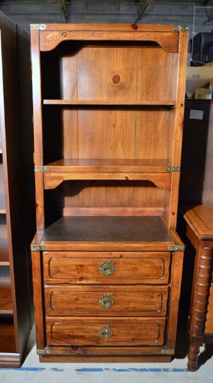 Vintage American of Martinsville Pine Book Hutch Cabinet, Brass Mounted, Leather Top Surface, 1 of 2