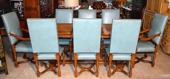 Set 8 Richelieu/Bridgeford for Baker Furniture Solid Oak Leather & Brass Stud Dining Chairs