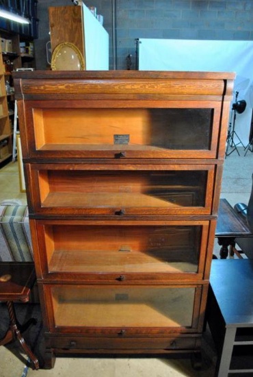 Antique Early 20th C. Globe Wernicke Oak Barrister Bookcase, 4 Sections + Bottom Drawer