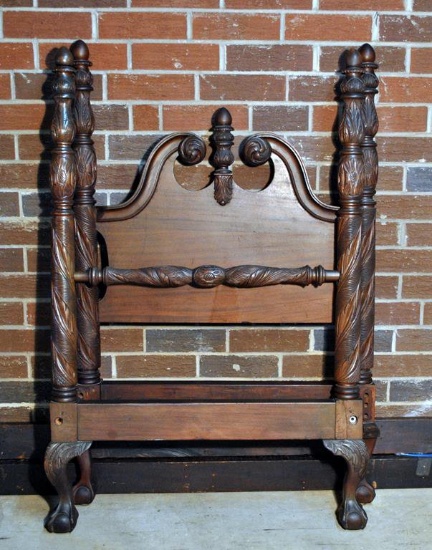 Fine American Antique 19th C. Hand Carved Mahogany Twin Size Bed w/ Rails, Lots 22 & 23 Match