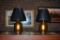 Pair of Bulbous Crystalline Glaze Ceramic Table Lamps, Black Shades