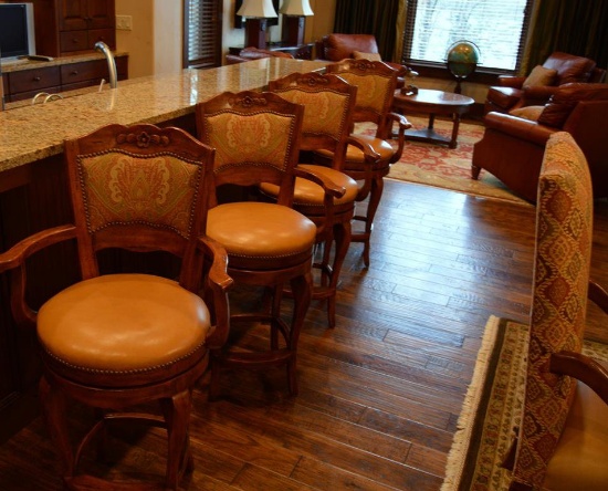 Set of 4 Ochre Leather Seat Swivel Base Oak Bar Chairs