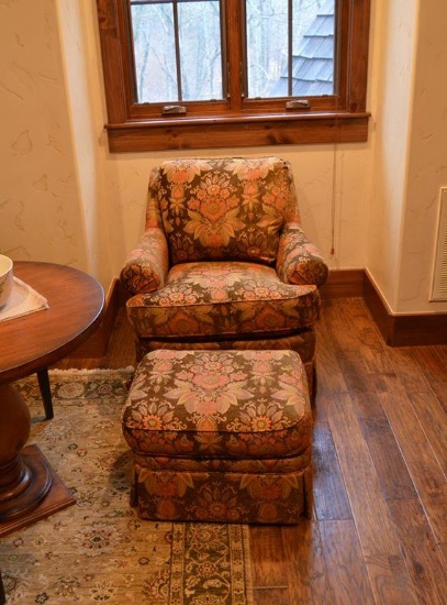Brown Floral Club Chair & Ottoman by Wesley Hall Inc.