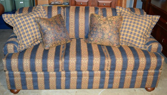 Blue & Tan Stripe Queen Size Sofa Bed Hand Made by Kravet Furniture w/ 4 Accent Pillows