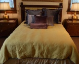 Fine Oak Queen Size Bed Headboard w/ Upholstered Panel, Metal Frame