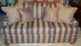Blue & Tan Stripe Queen Size Sofa Bed Hand Made by Kravet Furniture w/ 4 Accent Pillows