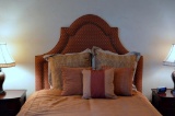 Geometric Upholstered Queen Size Bed Headboard w/ Brass Nail Head Trim, Metal Frame