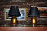 Pair of Bulbous Crystalline Glaze Ceramic Table Lamps, Black Shades