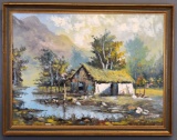 __________ (20th C.) Primitive Thatched Roof House. Oil On Canvas, Signed Lower Right, Framed