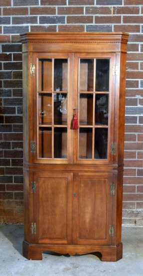 Vintage 20th C. Mahogany Corner Cupboard, 3 Shelves Behind Glass Doors